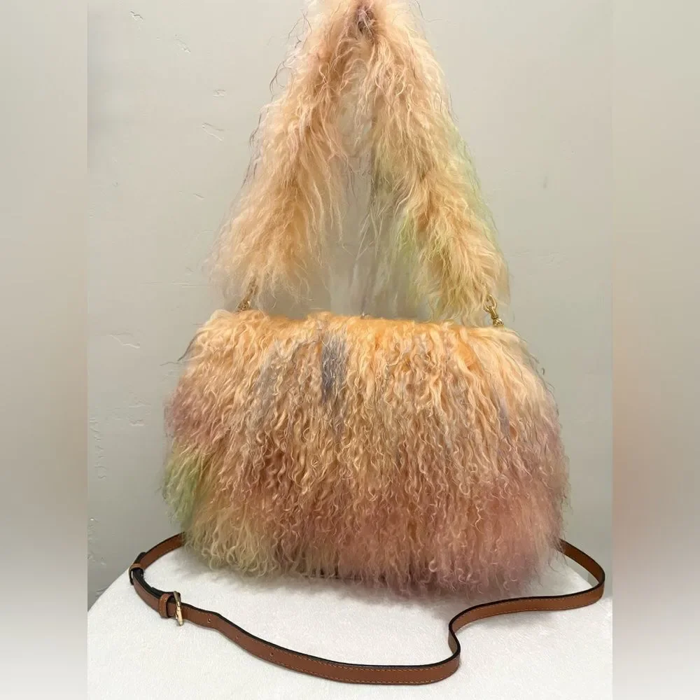 Colorful Real Mongolian Lamb Fur Handmade Boho Style, Fold Over Flap Handbag